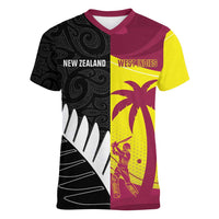 New Zealand and West Indies Cricket Custom Women V-Neck T-Shirt Black Cap Windies Together - Polynesian Pride