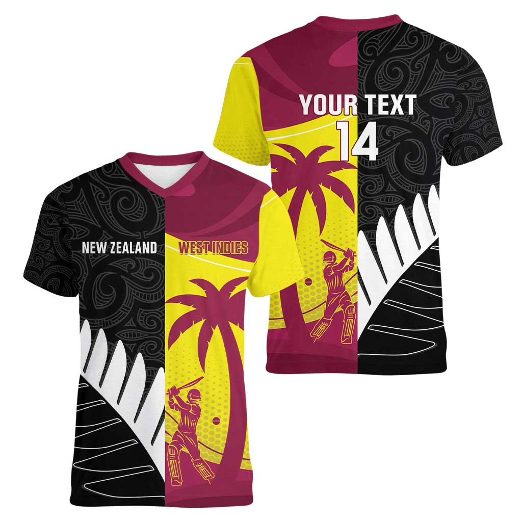 New Zealand and West Indies Cricket Custom Women V-Neck T-Shirt Black Cap Windies Together - Polynesian Pride