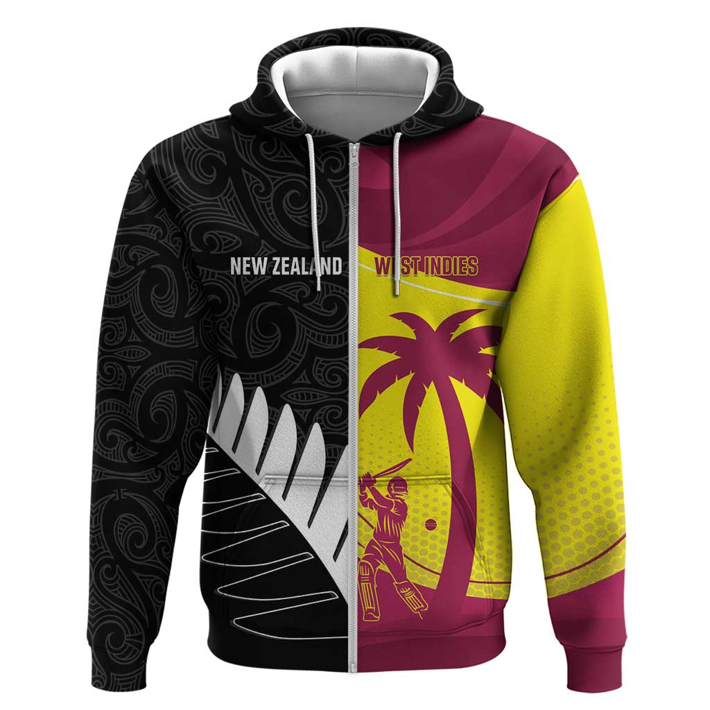 New Zealand and West Indies Cricket Custom Zip Hoodie Black Cap Windies Together - Polynesian Pride
