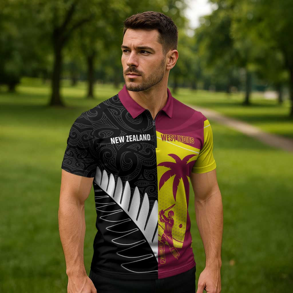 New Zealand and West Indies Cricket Custom Zipper Polo Shirt Black Cap Windies Together - Polynesian Pride