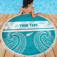 New Zealand Silver Fern Cricket Custom Beach Blanket Black Cap Teal Maori Pattern - Polynesian Pride