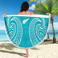 New Zealand Silver Fern Cricket Custom Beach Blanket Black Cap Teal Maori Pattern - Polynesian Pride