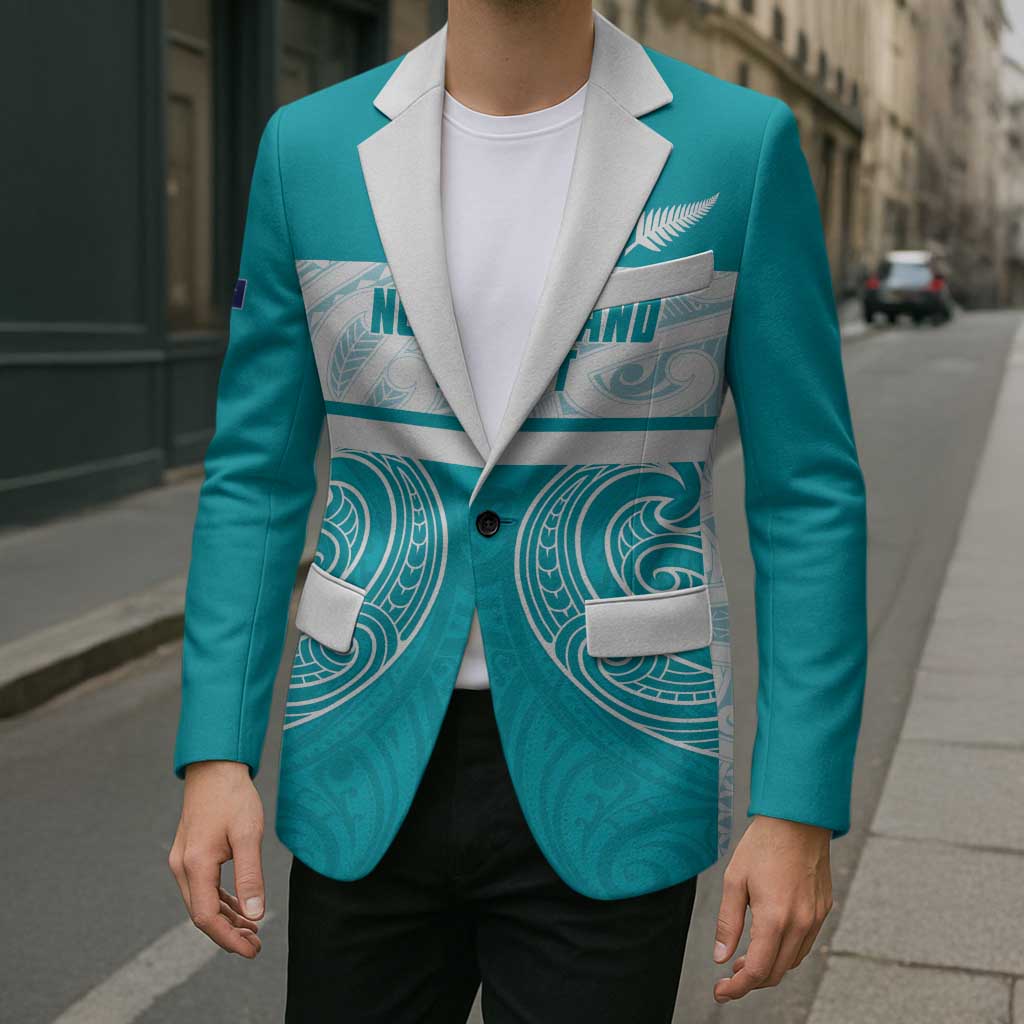 New Zealand Silver Fern Cricket Custom Blazer Black Cap Teal Maori Pattern - Polynesian Pride