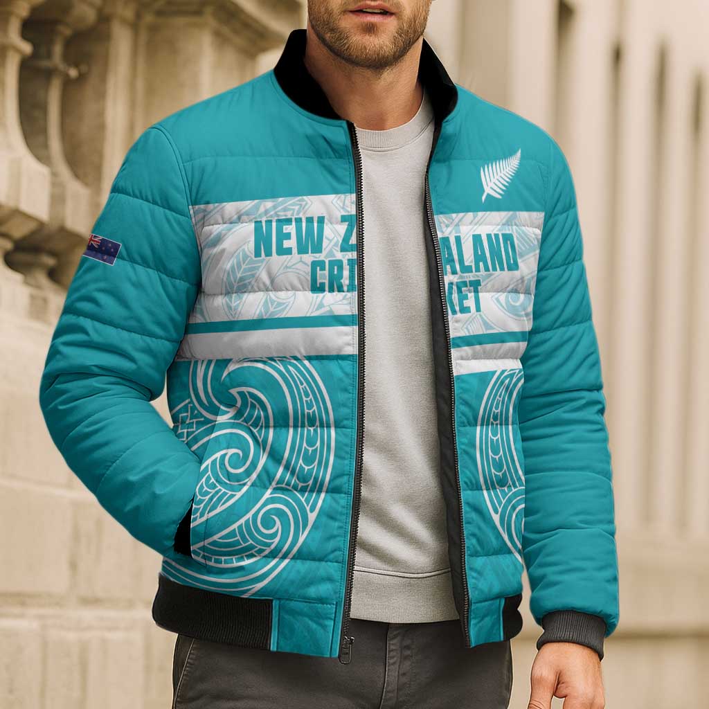 New Zealand Silver Fern Cricket Custom Bomber Puffer Jacket Black Cap Teal Maori Pattern - Polynesian Pride