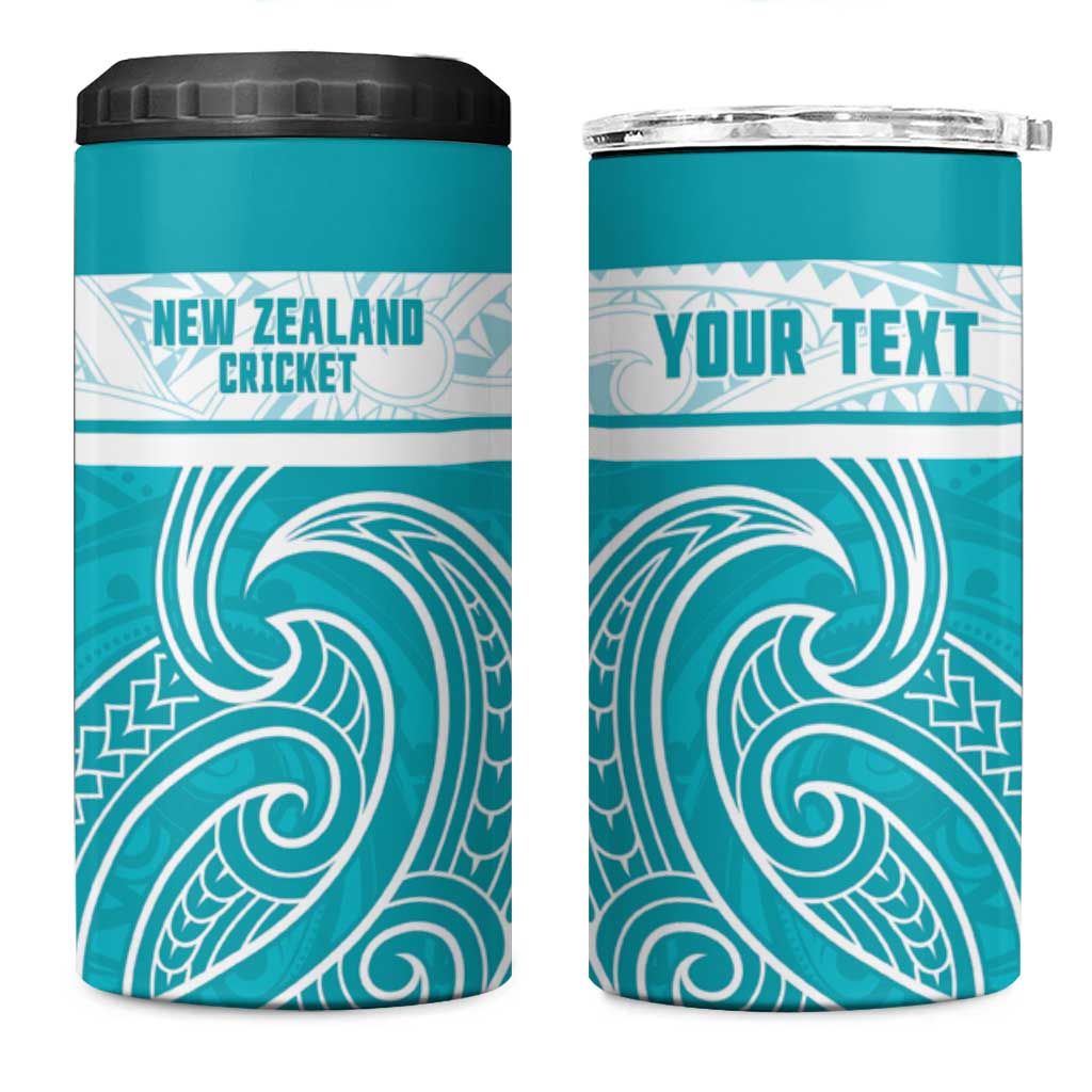 New Zealand Silver Fern Cricket Custom 4 in 1 Can Cooler Tumbler Black Cap Teal Maori Pattern - Polynesian Pride