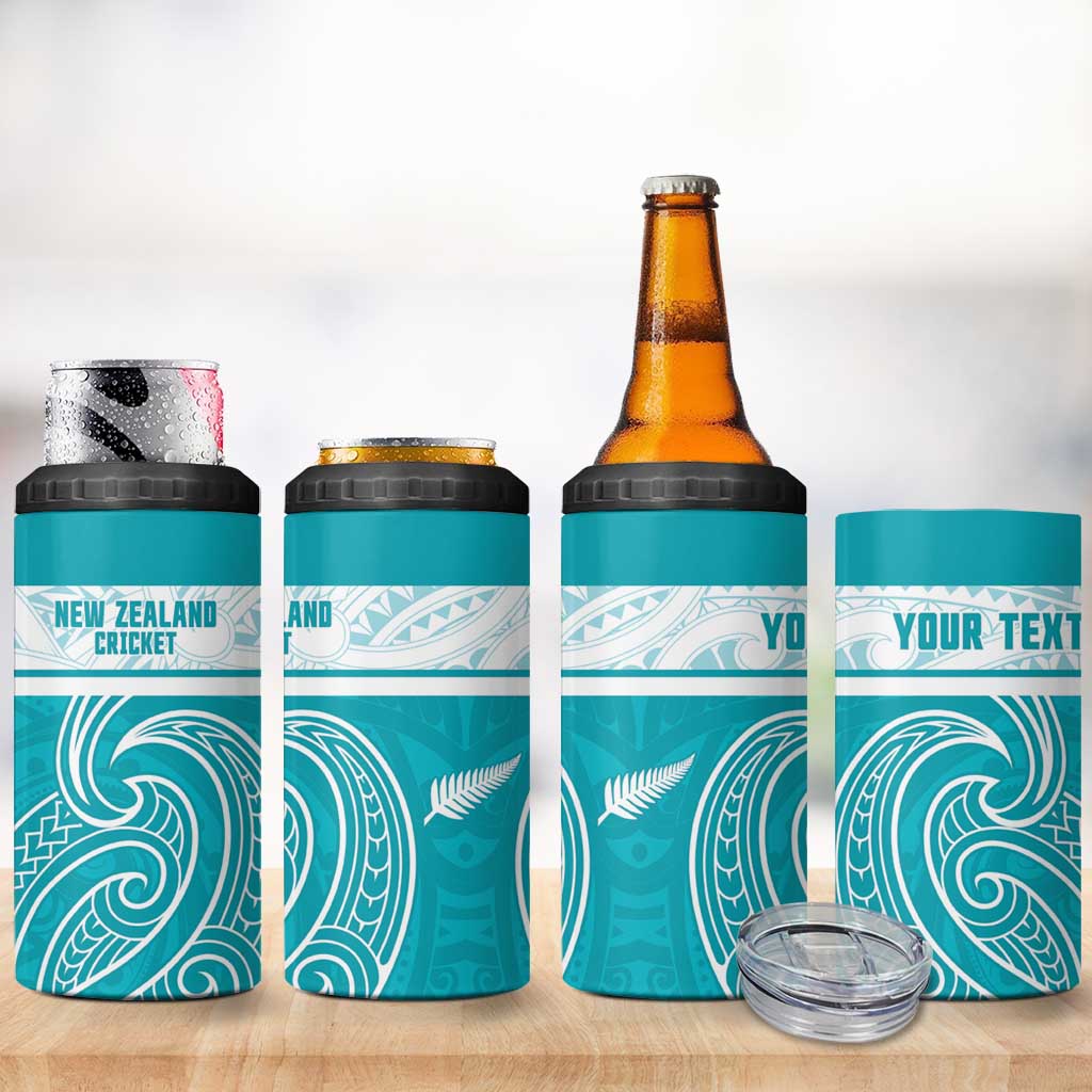 New Zealand Silver Fern Cricket Custom 4 in 1 Can Cooler Tumbler Black Cap Teal Maori Pattern - Polynesian Pride
