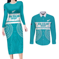 New Zealand Silver Fern Cricket Custom Couples Matching Long Sleeve Bodycon Dress and Long Sleeve Button Shirt Black Cap Teal Maori Pattern - Polynesian Pride