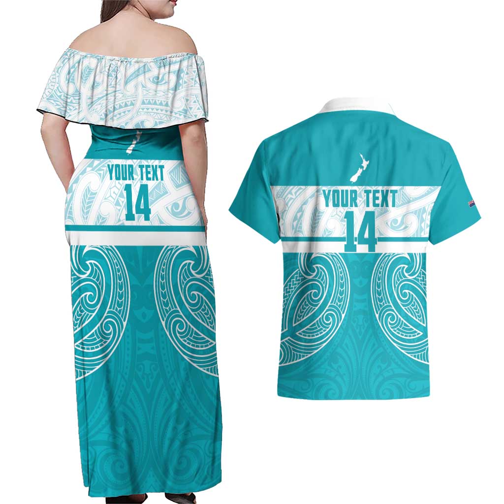New Zealand Silver Fern Cricket Custom Couples Matching Off Shoulder Maxi Dress and Hawaiian Shirt Black Cap Teal Maori Pattern - Polynesian Pride