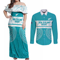 New Zealand Silver Fern Cricket Custom Couples Matching Off Shoulder Maxi Dress and Long Sleeve Button Shirt Black Cap Teal Maori Pattern - Polynesian Pride