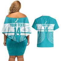 New Zealand Silver Fern Cricket Custom Couples Matching Off Shoulder Short Dress and Hawaiian Shirt Black Cap Teal Maori Pattern - Polynesian Pride