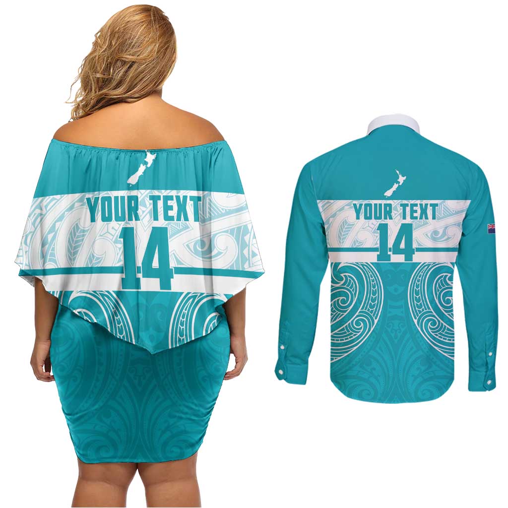New Zealand Silver Fern Cricket Custom Couples Matching Off Shoulder Short Dress and Long Sleeve Button Shirt Black Cap Teal Maori Pattern - Polynesian Pride