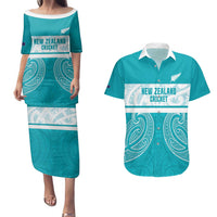 New Zealand Silver Fern Cricket Custom Couples Matching Puletasi and Hawaiian Shirt Black Cap Teal Maori Pattern - Polynesian Pride