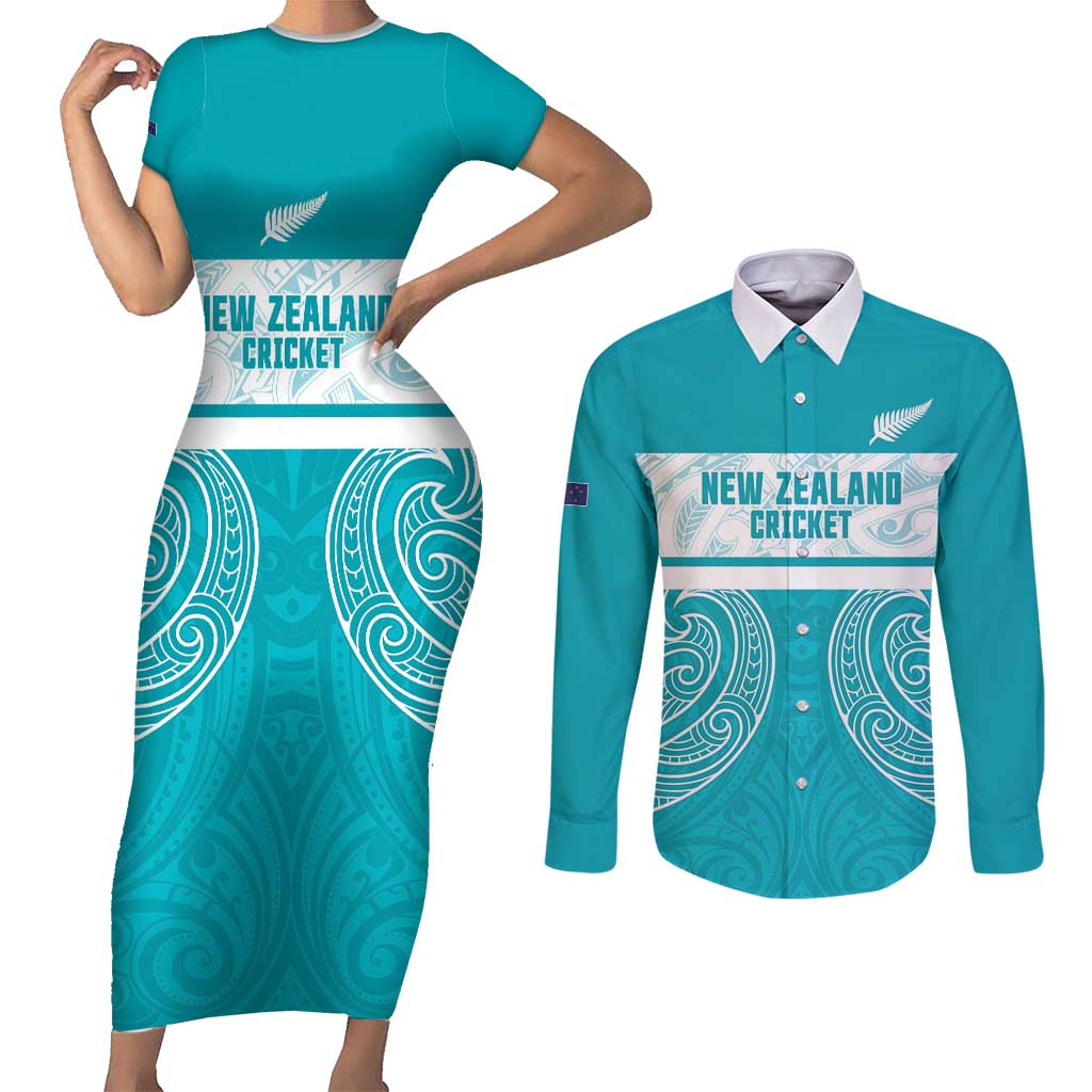 New Zealand Silver Fern Cricket Custom Couples Matching Short Sleeve Bodycon Dress and Long Sleeve Button Shirt Black Cap Teal Maori Pattern - Polynesian Pride