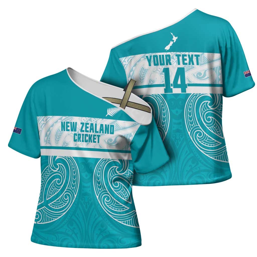 New Zealand Silver Fern Cricket Custom Cross Shoulder Shirt Black Cap Teal Maori Pattern - Polynesian Pride
