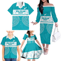 New Zealand Silver Fern Cricket Custom Family Matching Off The Shoulder Long Sleeve Dress and Hawaiian Shirt Black Cap Teal Maori Pattern - Polynesian Pride