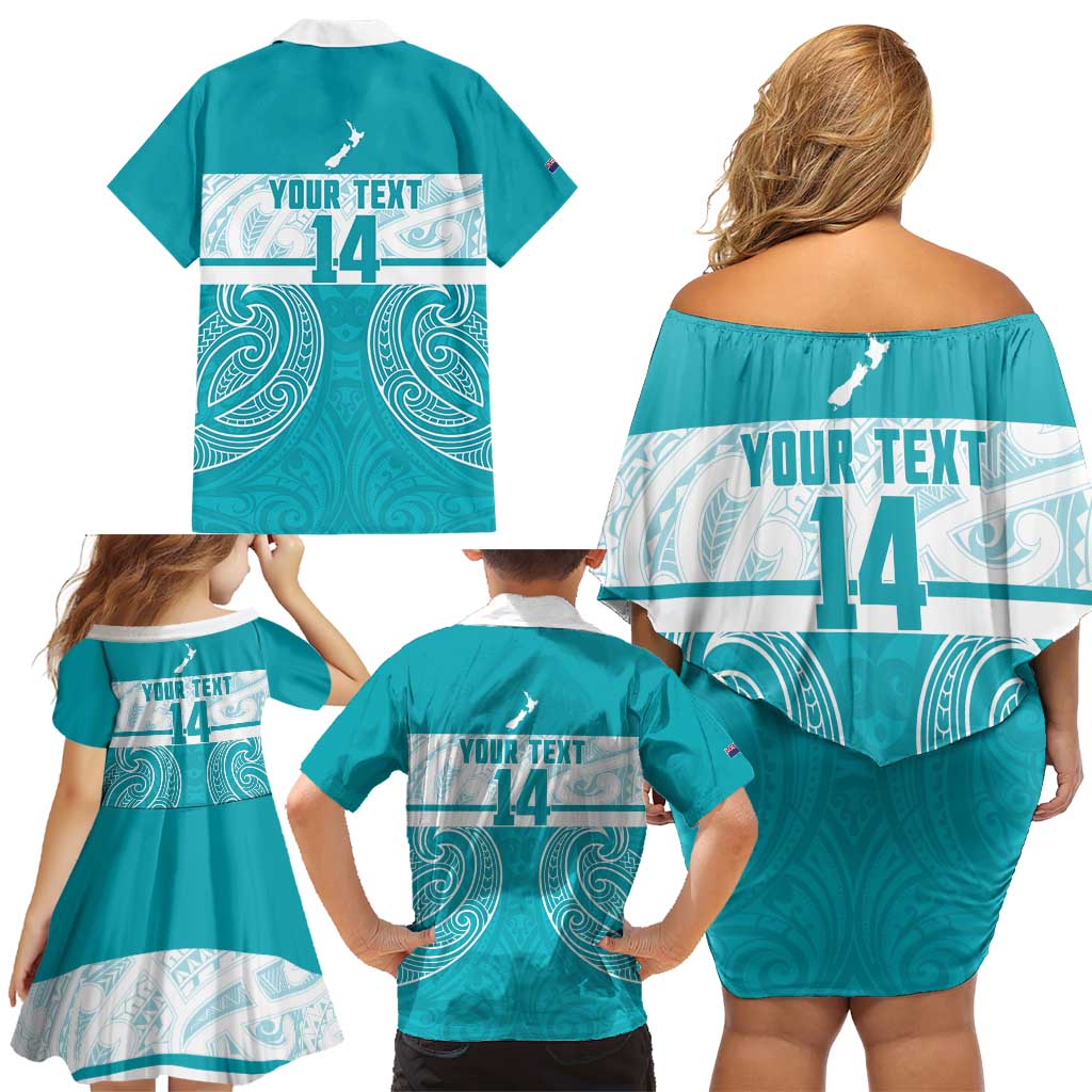New Zealand Silver Fern Cricket Custom Family Matching Off Shoulder Short Dress and Hawaiian Shirt Black Cap Teal Maori Pattern - Polynesian Pride