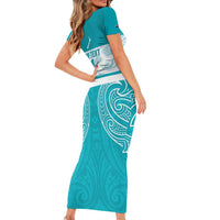 New Zealand Silver Fern Cricket Custom Family Matching Short Sleeve Bodycon Dress and Hawaiian Shirt Black Cap Teal Maori Pattern - Polynesian Pride