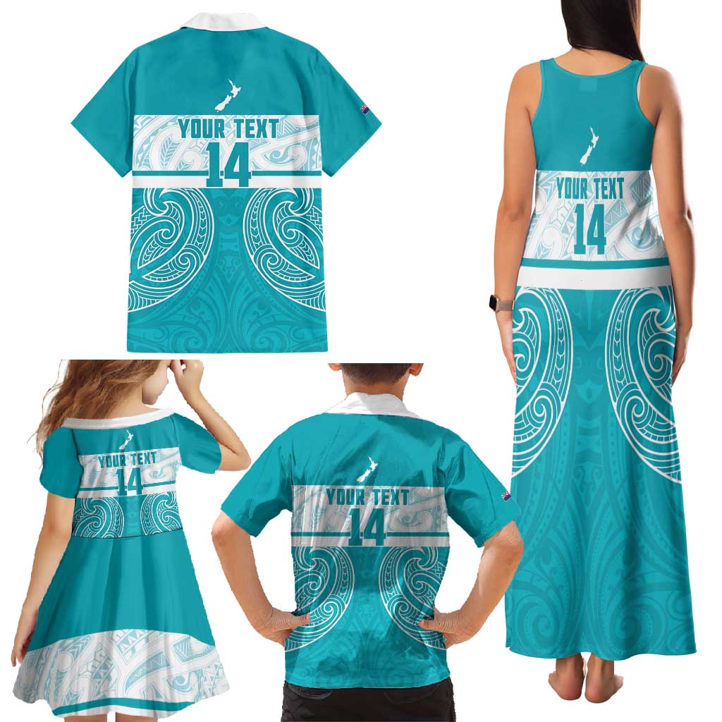 New Zealand Silver Fern Cricket Custom Family Matching Tank Maxi Dress and Hawaiian Shirt Black Cap Teal Maori Pattern - Polynesian Pride