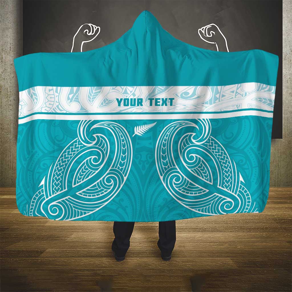 New Zealand Silver Fern Cricket Custom Hooded Blanket Black Cap Teal Maori Pattern - Polynesian Pride