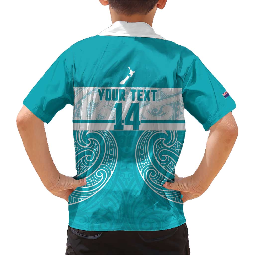New Zealand Silver Fern Cricket Custom Kid Hawaiian Shirt Black Cap Teal Maori Pattern - Polynesian Pride