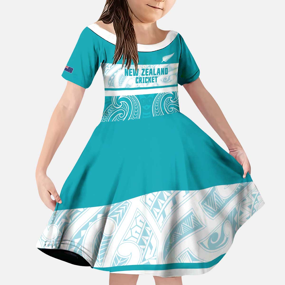 New Zealand Silver Fern Cricket Custom Kid Short Sleeve Dress Black Cap Teal Maori Pattern - Polynesian Pride