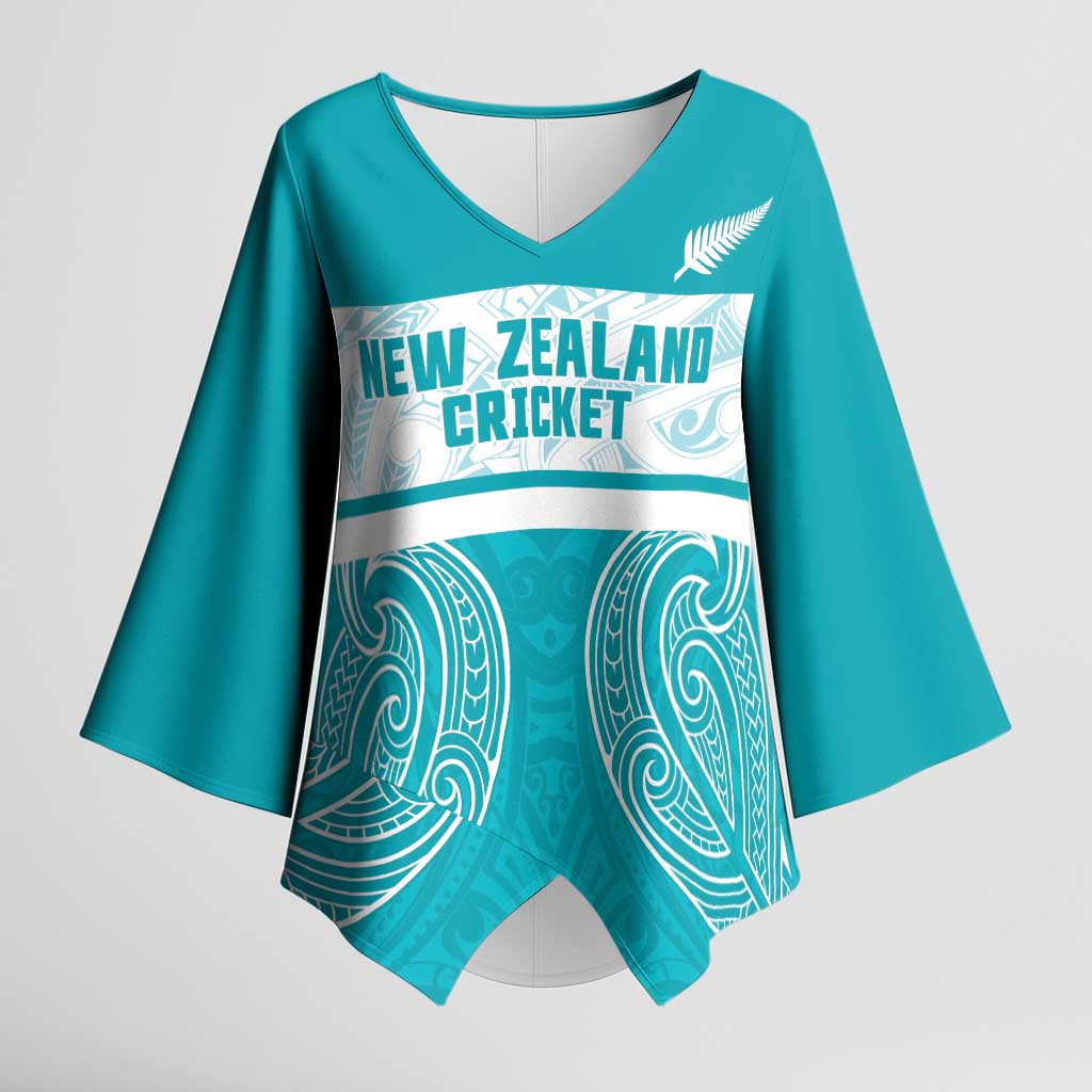 New Zealand Silver Fern Cricket Custom Kimono Sleeve Blouse Black Cap Teal Maori Pattern - Polynesian Pride