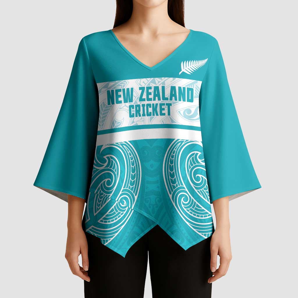 New Zealand Silver Fern Cricket Custom Kimono Sleeve Blouse Black Cap Teal Maori Pattern - Polynesian Pride