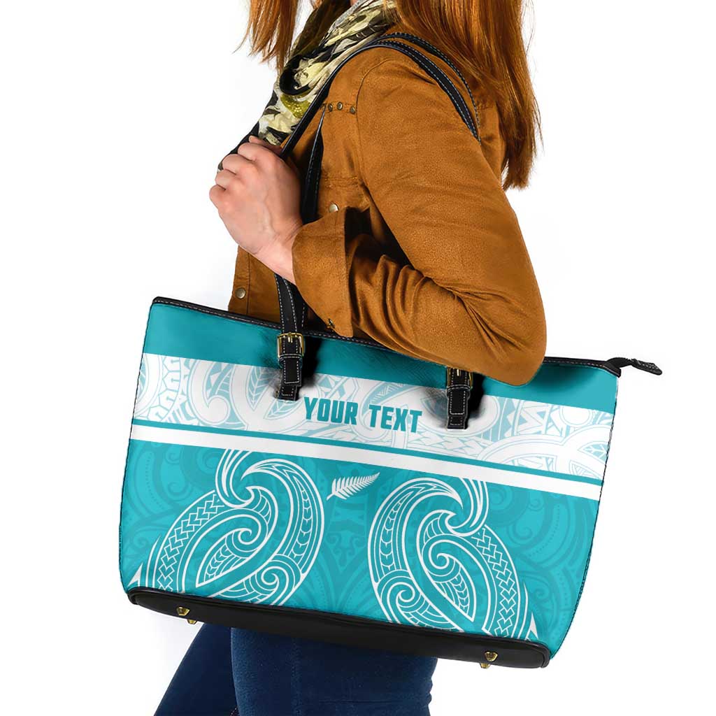 New Zealand Silver Fern Cricket Custom Leather Tote Bag Black Cap Teal Maori Pattern - Polynesian Pride
