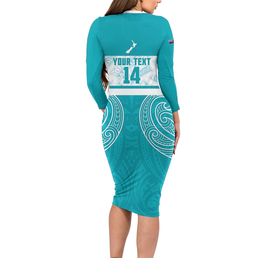 New Zealand Silver Fern Cricket Custom Long Sleeve Bodycon Dress Black Cap Teal Maori Pattern - Polynesian Pride