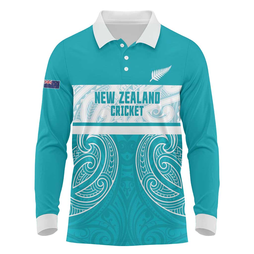 New Zealand Silver Fern Cricket Custom Long Sleeve Polo Shirt Black Cap Teal Maori Pattern - Polynesian Pride