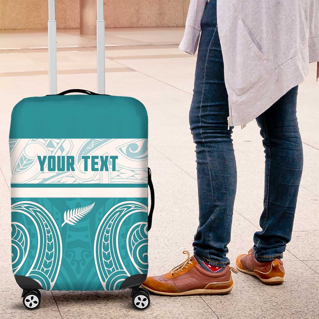 New Zealand Silver Fern Cricket Custom Luggage Cover Black Cap Teal Maori Pattern - Polynesian Pride