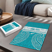 New Zealand Silver Fern Cricket Custom Puzzle Black Cap Teal Maori Pattern - Polynesian Pride