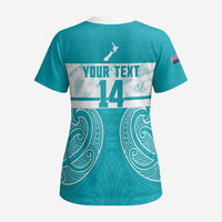 New Zealand Silver Fern Cricket Custom Scrub Top Black Cap Teal Maori Pattern - Polynesian Pride