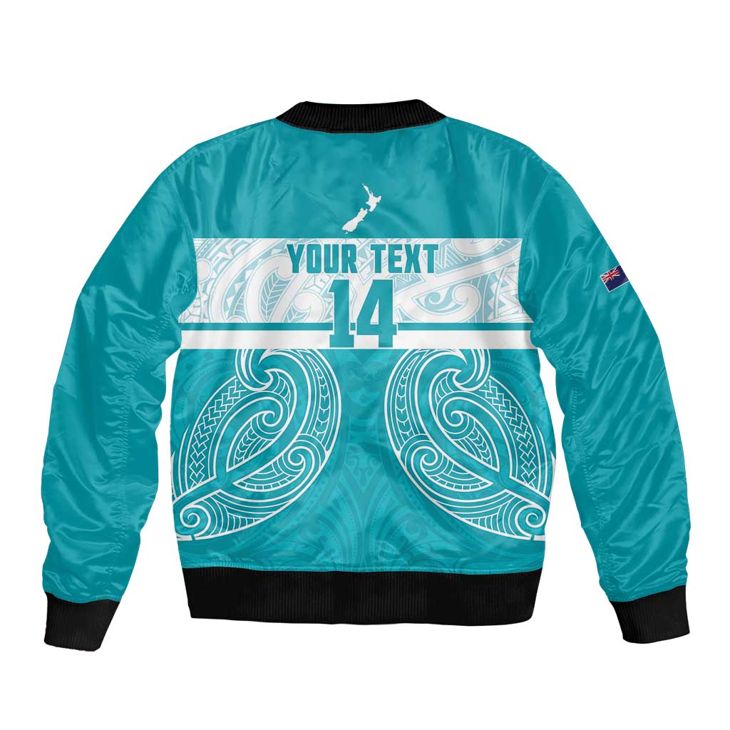 New Zealand Silver Fern Cricket Custom Sleeve Zip Bomber Jacket Black Cap Teal Maori Pattern - Polynesian Pride