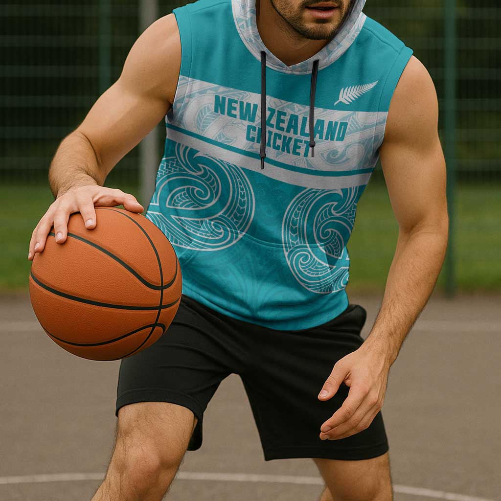 New Zealand Silver Fern Cricket Custom Sleeveless Hoodie Black Cap Teal Maori Pattern - Polynesian Pride