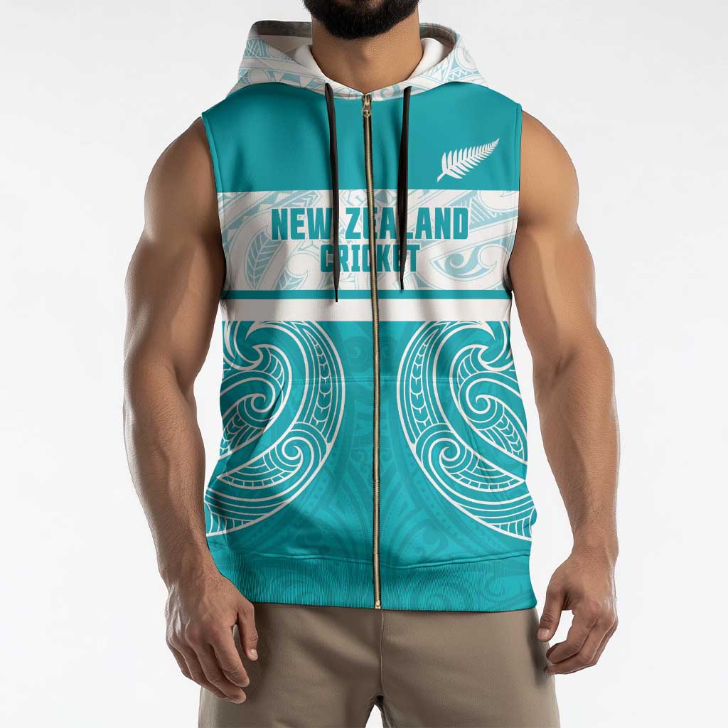New Zealand Silver Fern Cricket Custom Sleeveless Zip Hoodie Black Cap Teal Maori Pattern - Polynesian Pride