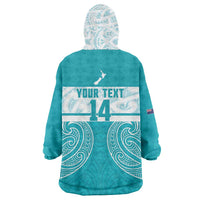 New Zealand Silver Fern Cricket Custom Wearable Blanket Hoodie Black Cap Teal Maori Pattern - Polynesian Pride