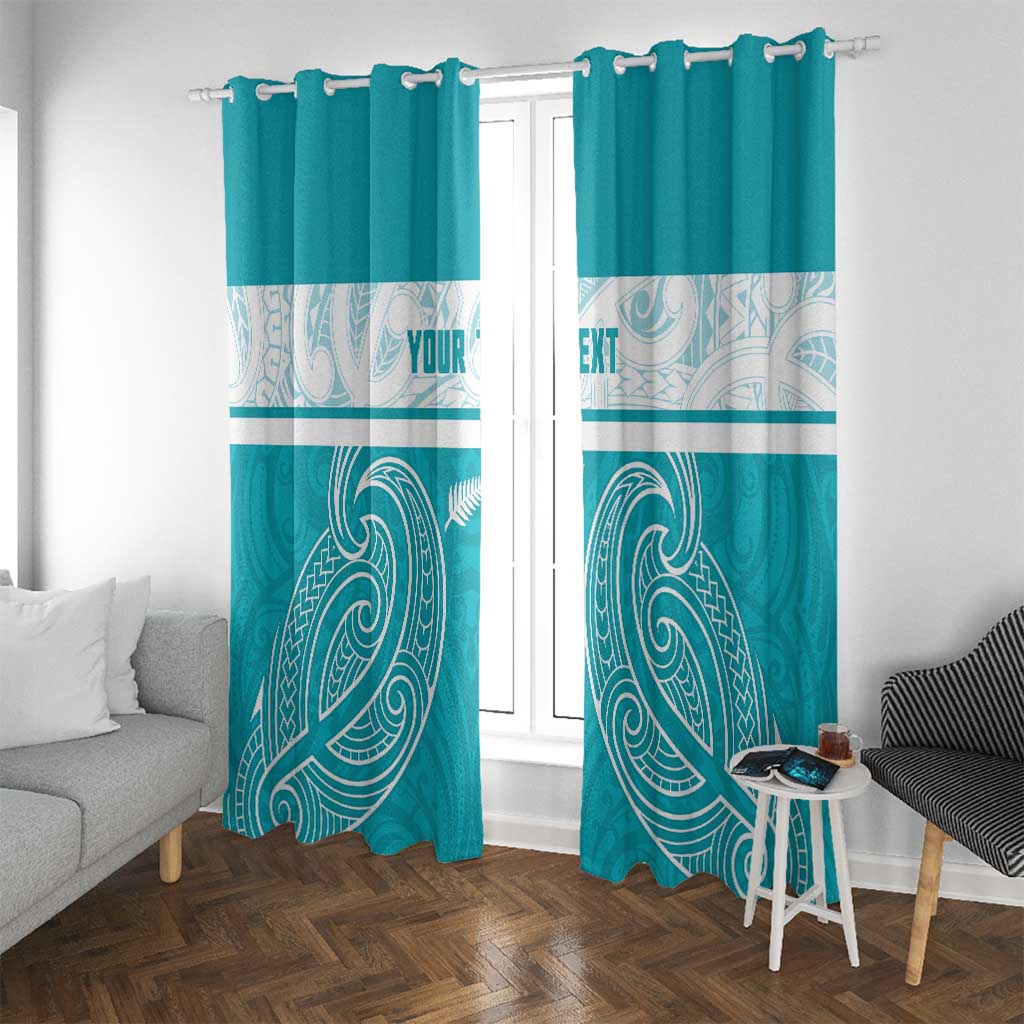 New Zealand Silver Fern Cricket Custom Window Curtain Black Cap Teal Maori Pattern - Polynesian Pride