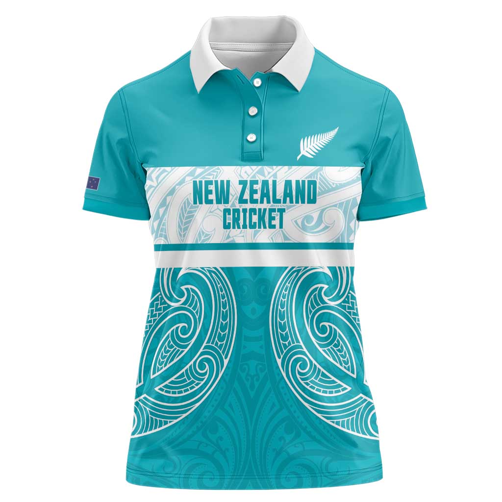 New Zealand Silver Fern Cricket Custom Women Polo Shirt Black Cap Teal Maori Pattern - Polynesian Pride