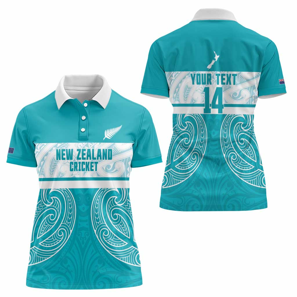 New Zealand Silver Fern Cricket Custom Women Polo Shirt Black Cap Teal Maori Pattern - Polynesian Pride
