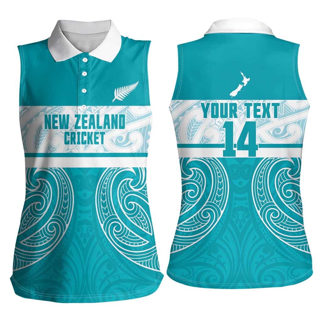 New Zealand Silver Fern Cricket Custom Women Sleeveless Polo Shirt Black Cap Teal Maori Pattern - Polynesian Pride
