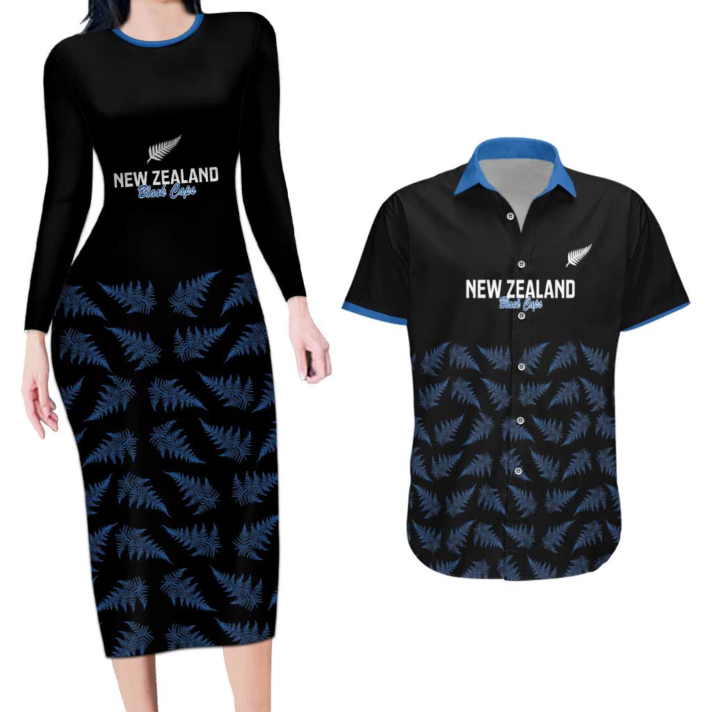 New Zealand Silver Fern Cricket Custom Couples Matching Long Sleeve Bodycon Dress and Hawaiian Shirt Black Cap T20 Version - Polynesian Pride