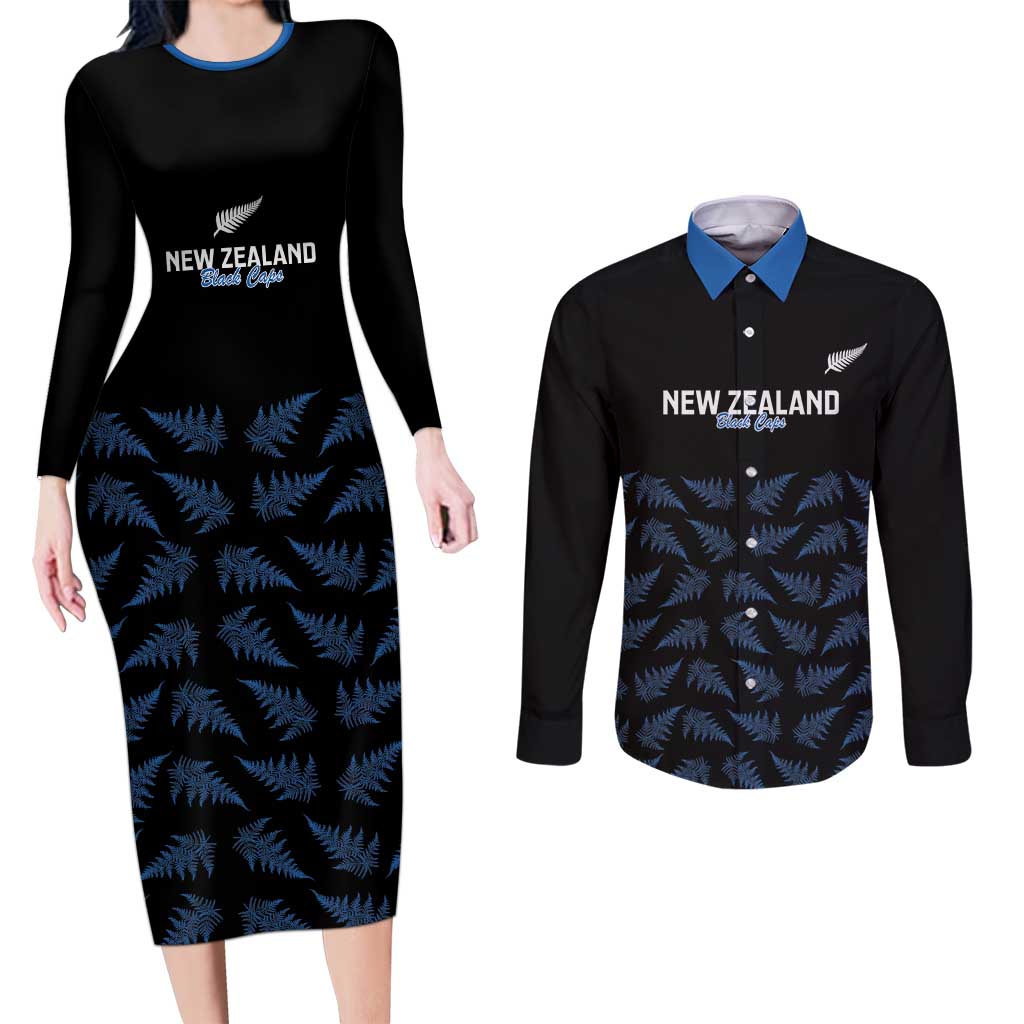 New Zealand Silver Fern Cricket Custom Couples Matching Long Sleeve Bodycon Dress and Long Sleeve Button Shirt Black Cap T20 Version - Polynesian Pride