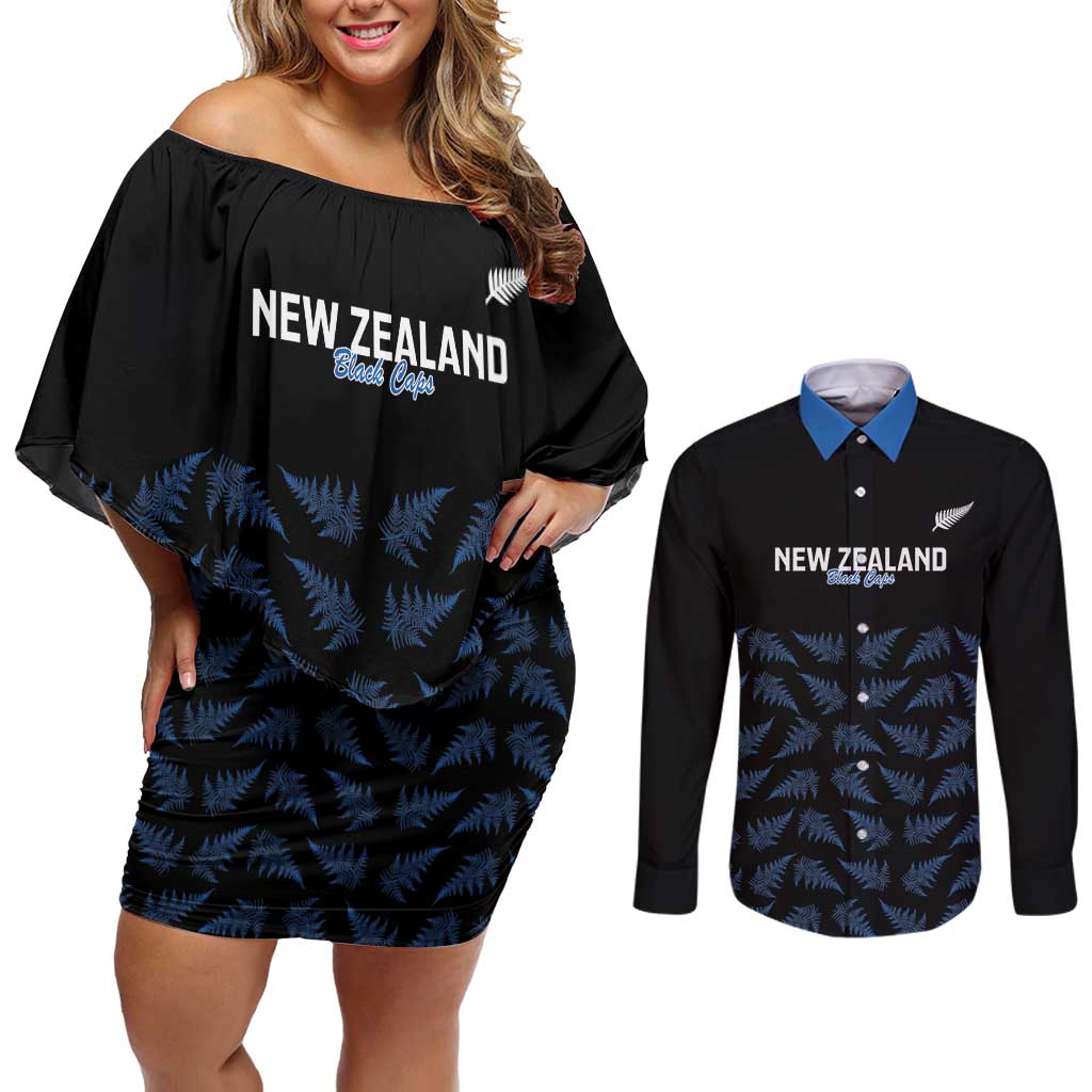 New Zealand Silver Fern Cricket Custom Couples Matching Off Shoulder Short Dress and Long Sleeve Button Shirt Black Cap T20 Version - Polynesian Pride