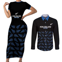 New Zealand Silver Fern Cricket Custom Couples Matching Short Sleeve Bodycon Dress and Long Sleeve Button Shirt Black Cap T20 Version - Polynesian Pride