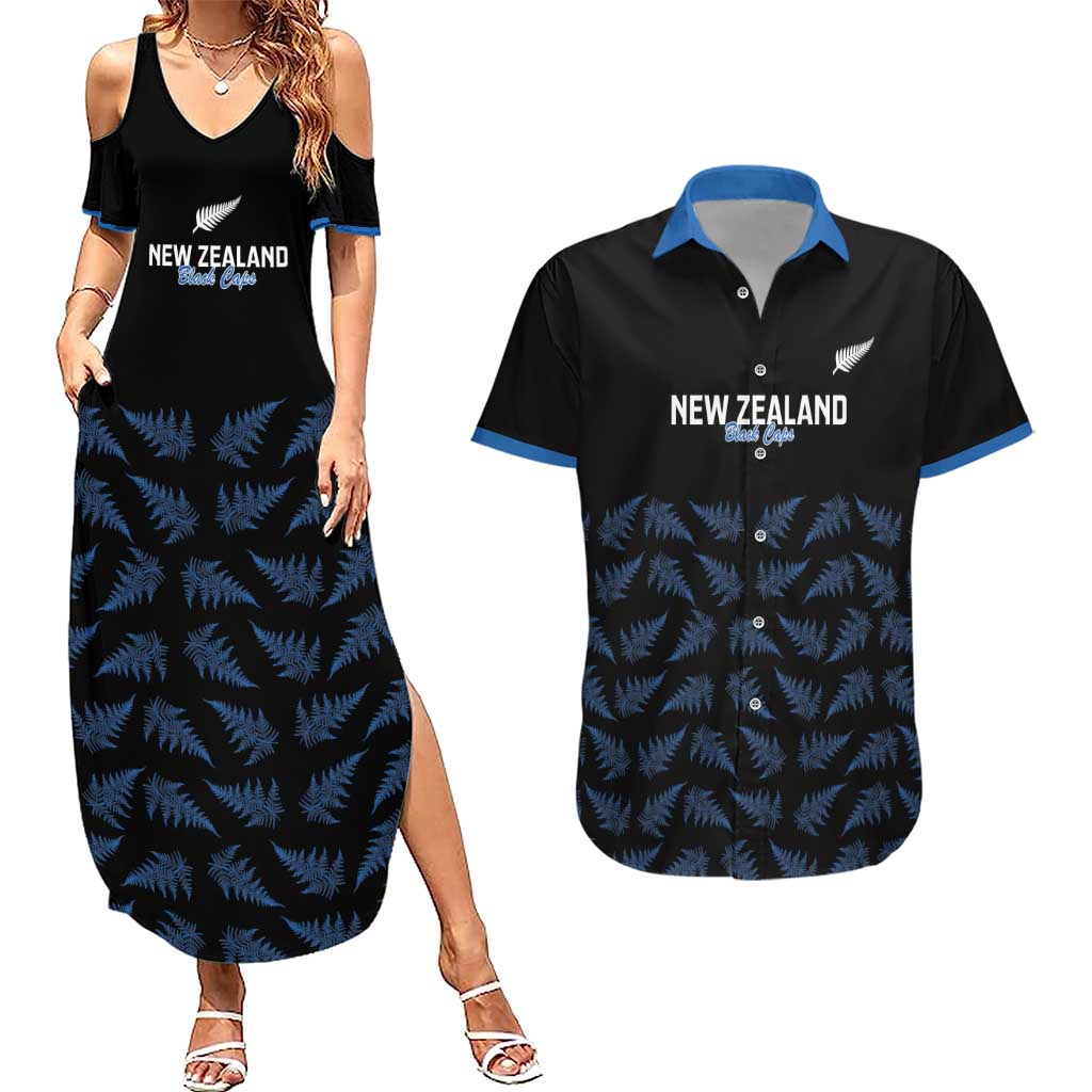 New Zealand Silver Fern Cricket Custom Couples Matching Summer Maxi Dress and Hawaiian Shirt Black Cap T20 Version - Polynesian Pride
