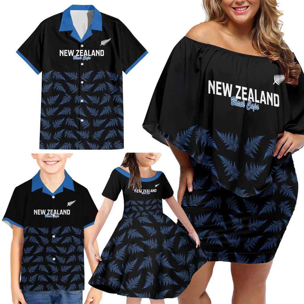 New Zealand Silver Fern Cricket Custom Family Matching Off Shoulder Short Dress and Hawaiian Shirt Black Cap T20 Version - Polynesian Pride