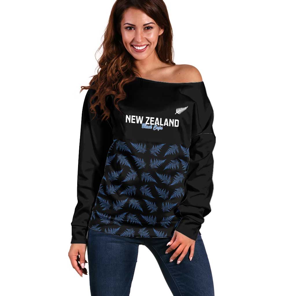 New Zealand Silver Fern Cricket Custom Off Shoulder Sweater Black Cap T20 Version - Polynesian Pride