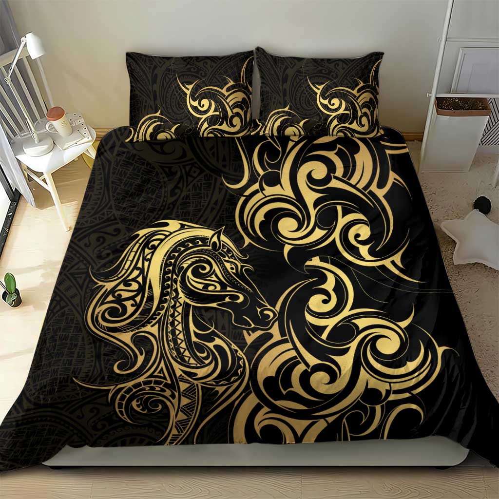 Gold And Black Aoteara Horse Racing Bedding Set NZ Maori Pattern