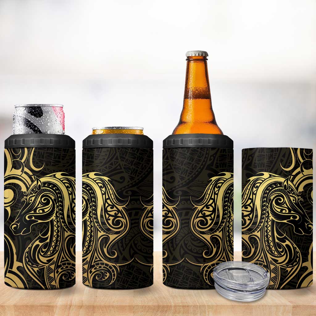 Gold And Black Aoteara Horse Racing 4 in 1 Can Cooler Tumbler NZ Maori Pattern